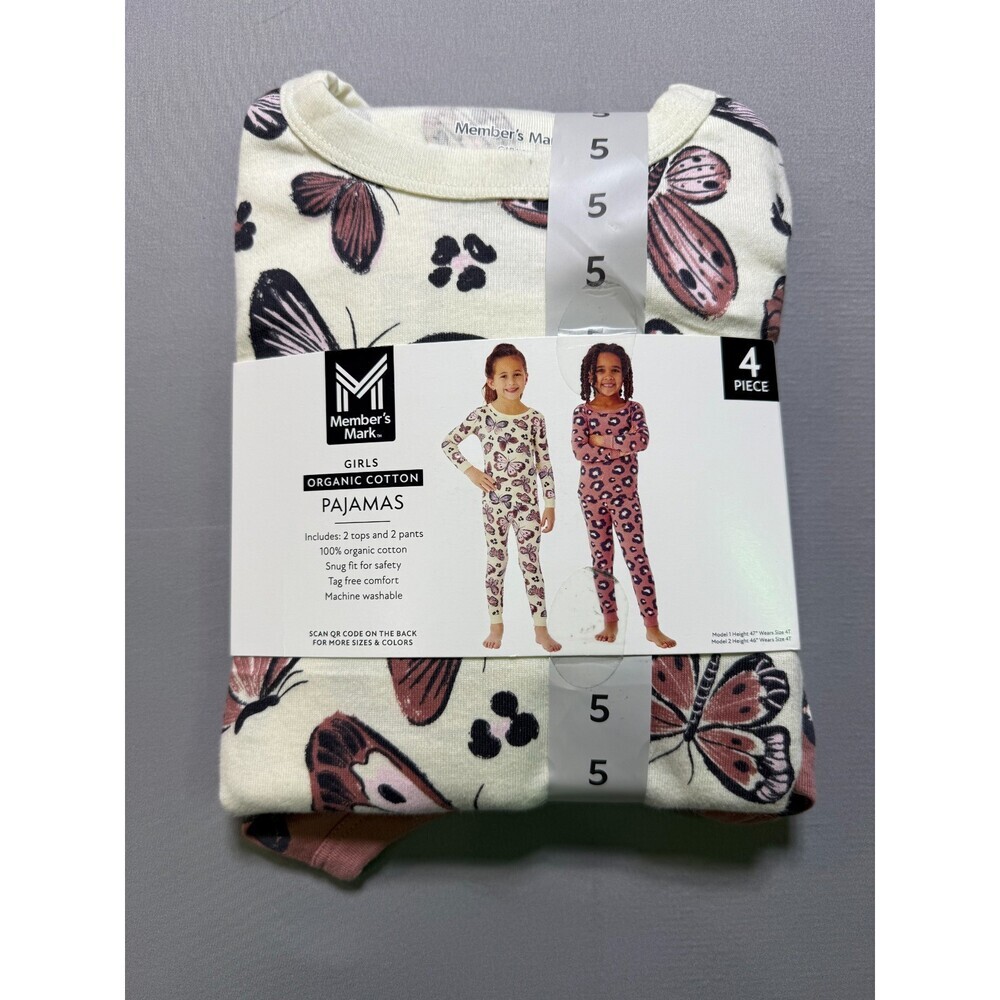 NWT Member's Mark Pajamas Set Girl 5 Multicolor Organic Cotton Comfort- Set Of 2